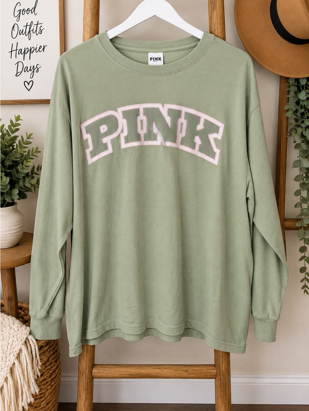 PINK Victoria's Secret Sage Green Crewneck with Pink Logo